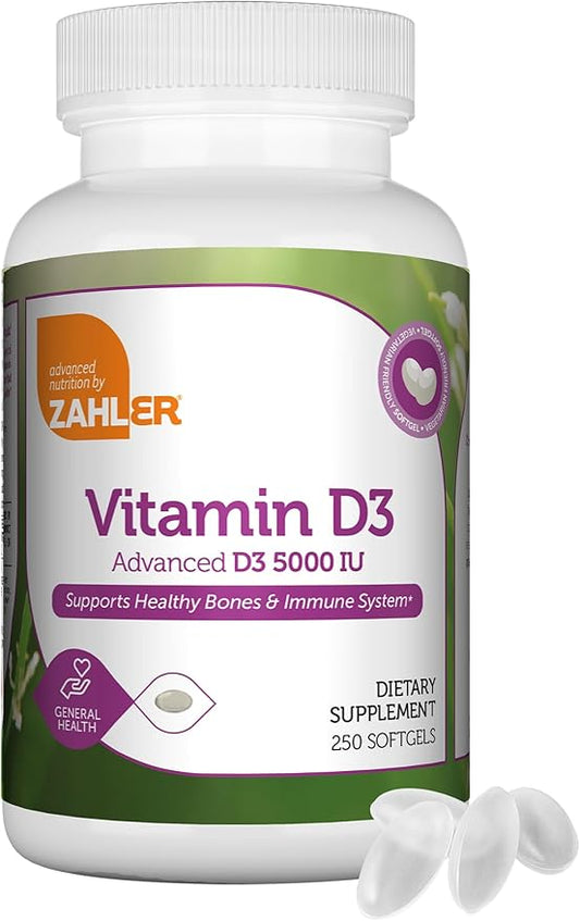 Zahler - Advanced Vitamin D3 5000 IU Softgels (250 Count) Kosher Vegetarian Friendly Vitamin D for Immune Support, Bone, Teeth & Muscle Health - Daily D3 Vitamin Supplement for Adults - Easy Swallow V