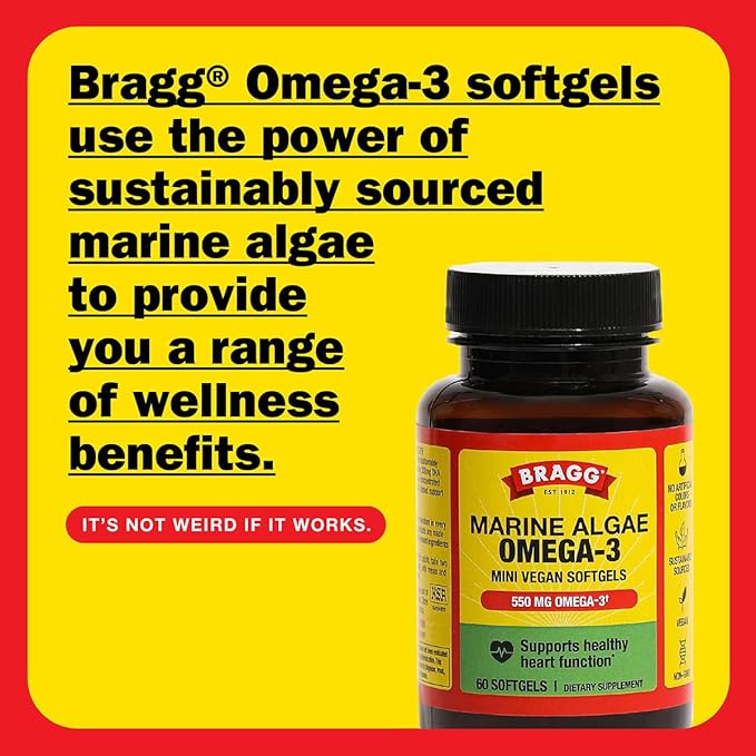 BRAGG Omega-3 Supplement Capsules with DHA and EPA - 90 Vegan Softgels - Sustainably-Sourced Marine Algae - Helps Reduce Inflammation - Supports Eye and Brain Health