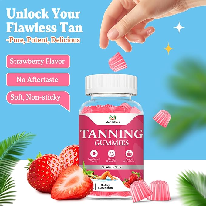 2 Pack Tanning Gummies for Women and Men, Daily Tanning Gummies with L-Tyrosine, Astaxanthin That Work Fast Without Sun for Skin Health & Glow, Sugar Free, Non-GMO, Strawberry Flavor, 120 Gummies