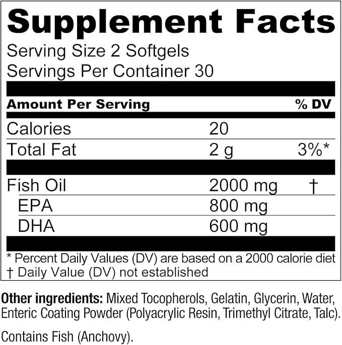 OmegaWell Omega 3 Fish Oil - 2000mg Capsules: Heart, Brain, & Joint Support - 800 mg EPA 600 mg DHA - Sustainably Sourced - Softgels - 30 Day Supply