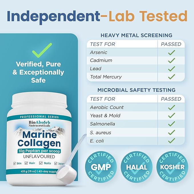 Bio Absorb Marine Collagen Powder, Extra Strength w/Peptan (Type 1 Hydrolyzed Collagen Peptides), 15 oz, 42-Day Supply