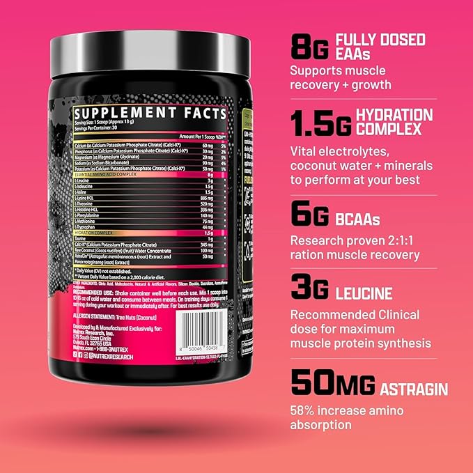 Nutrex Research EAA Hydration | EAAs + BCAA Powder | Muscle Recovery, Strength, Muscle Building, Endurance | 8G Essential Amino Acids + Electrolytes | (Packaging My Vary) 30 Servings (Pink Lemonade)