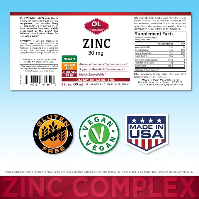 Olympian Labs Zinc, Liquid 30mg, 2 Fl Ounce