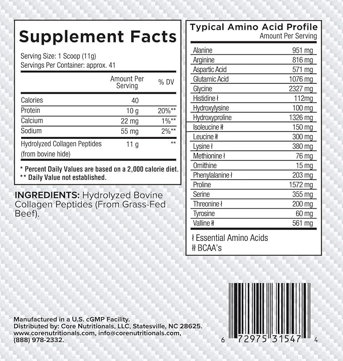 Core Nutritionals Collagen, Grass Fed Bovine Collagen Peptides, Supports Joints, Hair, Skin and Nails, 35 Servings (Peach Mango, 1 lb)