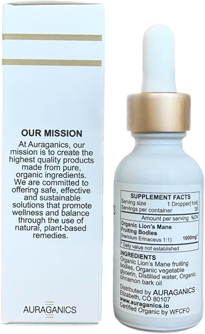 Organic Triple Extracted Lion's Mane Mushroom Fruiting Body Tincture | USA Grown and Certified Organic | Use for Focus, Memory and Mental Clarity | 1 Month Supply | Cinnamon Flavor