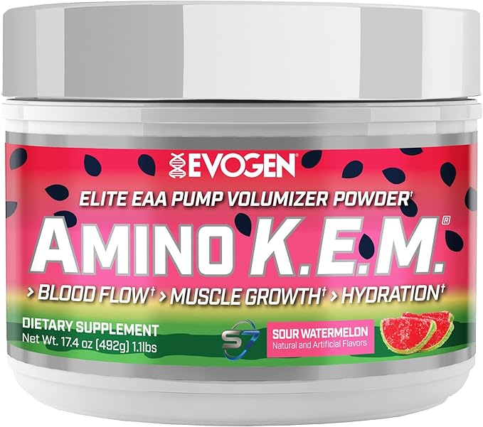 Evogen Amino K.E.M. - EAA & BCAA Powder Pump Volumizer | BCAAs Amino Acids Supplement for Blood Flow, Muscle Growth, & Hydration | Sour Watermelon | 30 Servings