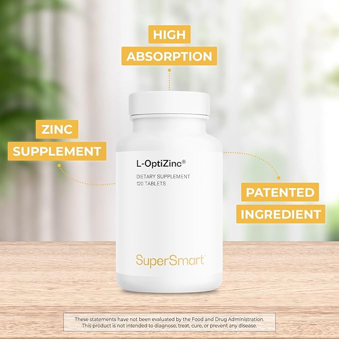 SuperSmart - L-OptiZinc 30mg per Day (Patented & Highly Bioavailable) - Zinc Methionine Supplement - Natural Sweet Taste | Non-GMO & Gluten Free - 120 Tablets