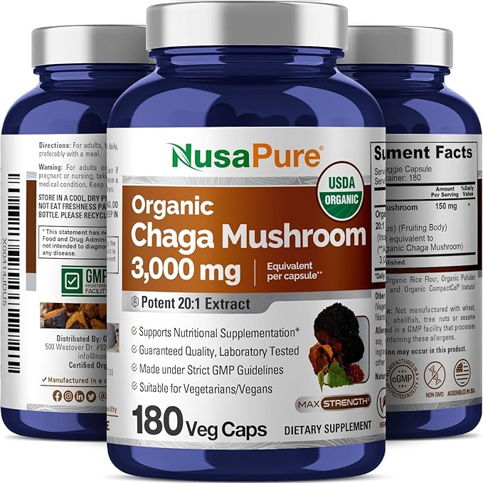 NusaPure Chaga Mushroom 20:1 Extract, 150 mg Equivalent to 3,000mg per Veggie Capsule, 180 Count, USDA Organic, Vegan, Non-GMO