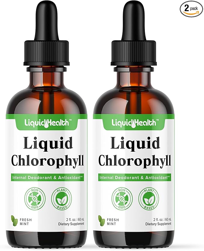 LIQUIDHEALTH Liquid Chlorophyll Drops - Internal Deodorizer, Antioxidants, Liver Detox, Immune Support, Relieve Bad Breath, Reduce Appetite, Collagen for Hair & Skin Health - Vegan, Non-GMO (2 Pack)