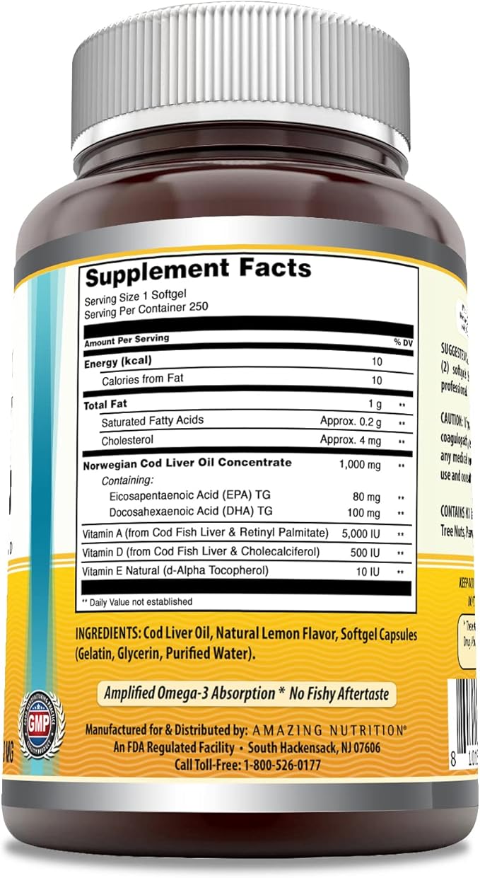 Amazing Omega Norwegian Cod Liver Oil 1000 Mg 250 Softgels | Lemon Flavor