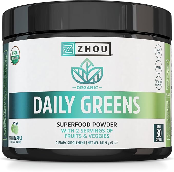 Zhou Nutrition USDA Organic Supergreens Powder, Superfood Smoothie Juice Mix, Spirulina, Chlorella, Wheatgrass, Kale, Fiber, Immune and Energy Support, Vegan, Non-GMO, 30 Servings