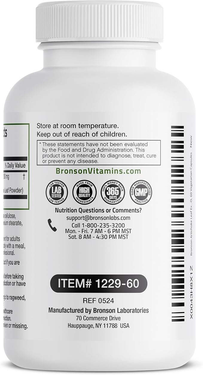 Bronson Artichoke Leaf Extra Strength Supports Healthy Digestion Healthy Liver Function, Non-GMO, 60 Vegetarian Capsules
