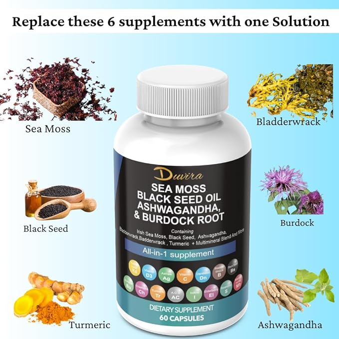 Sea Moss 3000mg Black Seed Oil 2000mg Ashwagandha 1000mg Turmeric 1000mg Bladderwrack 1000mg Burdock 1000mg & Vitamin C & D3 with Elderberry Manuka Dandelion Yellow Dock Iodine Chlorophyll ACV