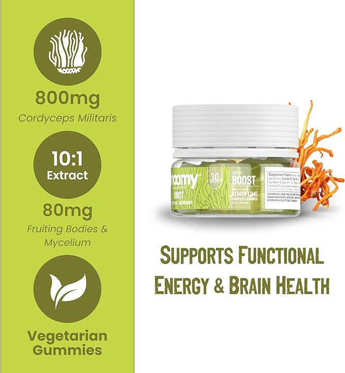 Troomy Boost Cordyceps All Natural Mushroom Gummies - Supports Active Lifestyle & Hyper Focus - Lemon Lime - 30 Count