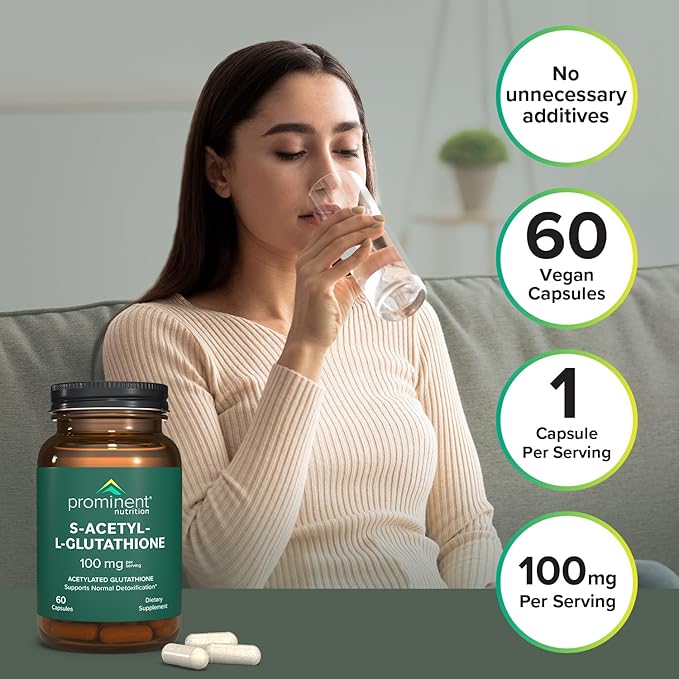 Prominent Nutrition S-Acetyl L-Glutathione Supplement - Clinically Researched Emothion® Acetylated Glutathione for Normal Liver Detoxification Support & Optimal Antioxidant Effect, 60 Vegan Capsules