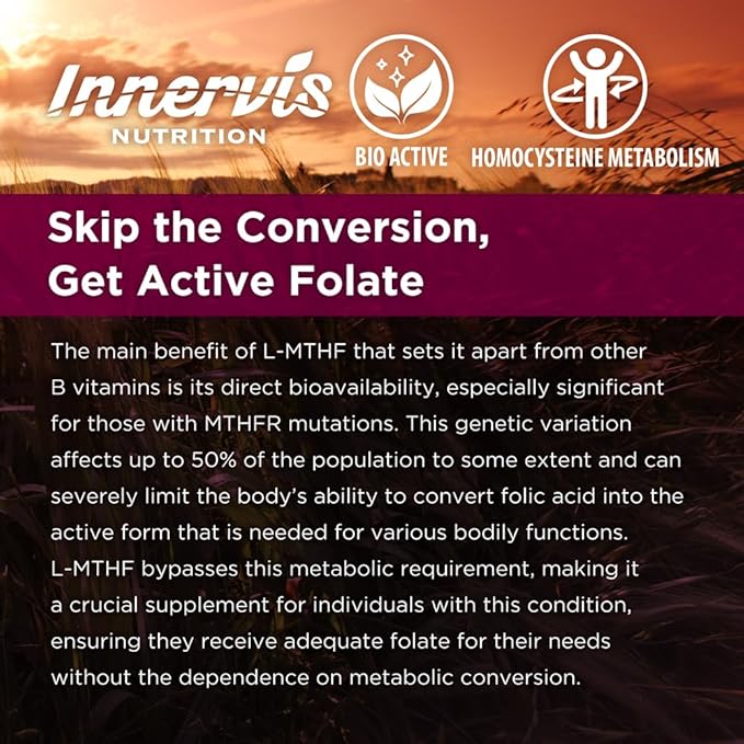 Bioavailable Active Form Folate L-5-MTHF BioActive Vitamin B9 Support Brain Health120 Vegetable Capsules Supplement