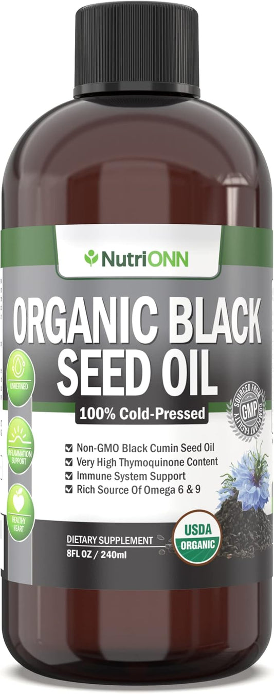 Organic Black Seed Oil - USDA Certified Organic Black Cumin Seed Oil Liquid – High Thymoquinone Content – Non-GMO and Cold-Pressed – Rich Source of Omega-6 & Omega-9 Fatty Acids - 8 Oz