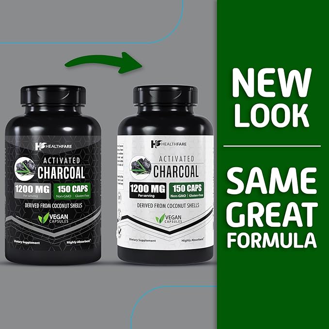 Activated Charcoal Capsules 1200mg | 150 Veg Capsules | Derived from Coconut Shells | Highly Absorbent | Non-GMO | Made in The USA