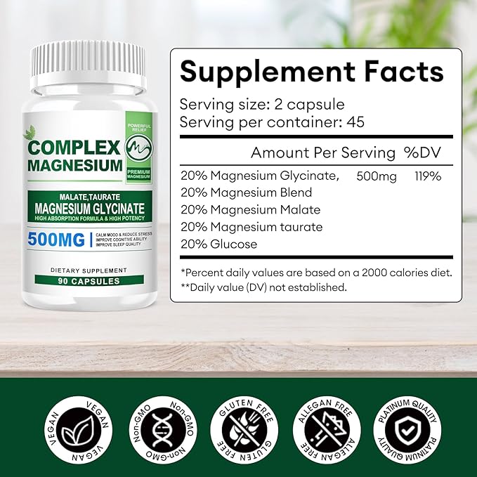 Magnesium Complex Capsules 500MG Blend with Glycinate L-threonate Taurate Malate and Glucose - 90