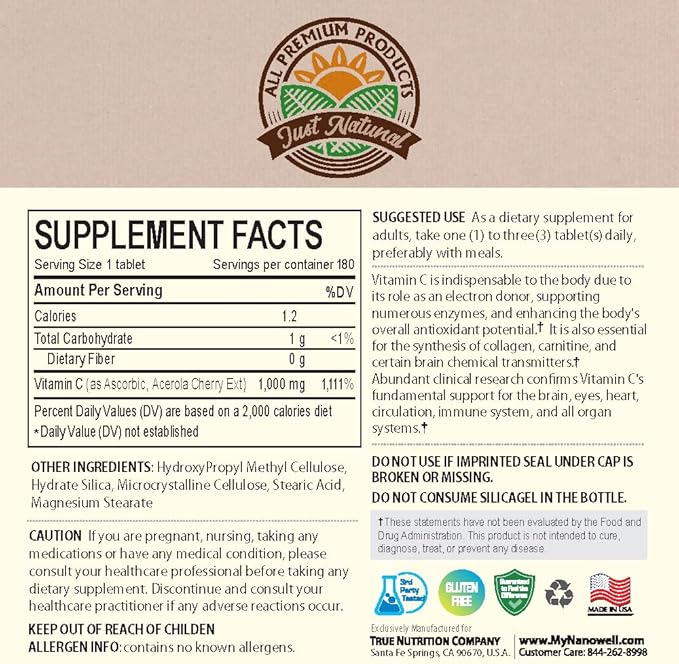 Acerola Cherry Vitamin C 1000mg, Immune Support - 180 Tablets X 4 Bottles (720 Count)