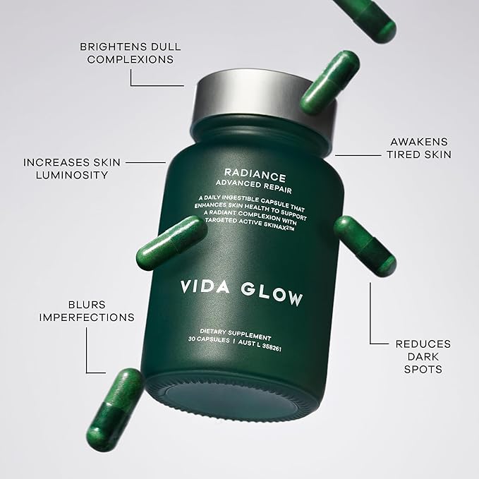 Vida Glow Radiance Supplement Capsules - Anti Aging Supplement - Targeting Dark Spots, Uneven Skin Tone, Redness Relief - Promotes Glowing Skin | 30 Servings