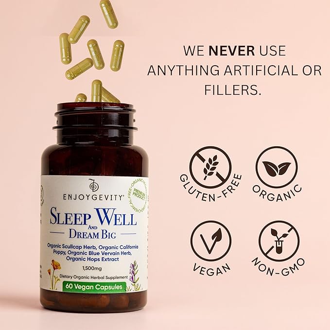 Organic Sleep Well Capsules - Calming and Relaxing Herbal Supplement - Sleep Aid - 60 Vegan Capsules - scullcap, California Poppy, Blue Vervain, Hops Extract - 1,500 mg