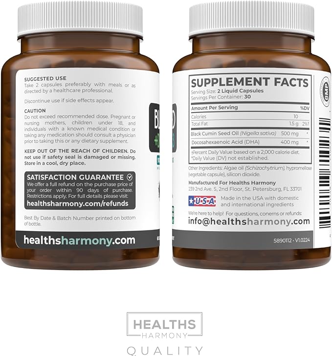 Black Seed Oil & Omega 3 Supplement with DHA - 900mg - 60 Liquid Capsules (Non-GMO & Vegan) - Natural Support for Cognitive Clarity, Focus & Vision Support