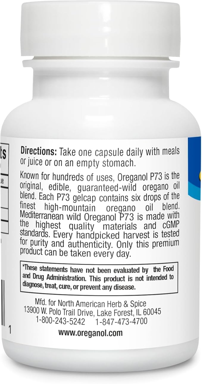 NORTH AMERICAN HERB & SPICE Oreganol P73-60 Gelcaps - Immune System Support - Unprocessed, Vegan Friendly Wild Oregano - Mediterranean Source - Non-GMO - 60 Servings