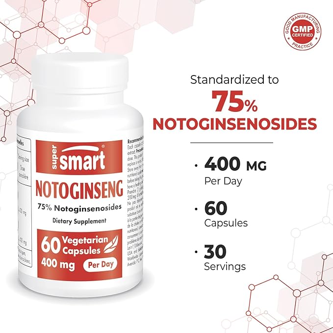 Supersmart - Notoginseng 400mg per Day (High Strength) - Panax Notoginseng Extract - 75% Notoginsenosides | Non-GMO & Gluten Free - 60 Vegetarian Capsules