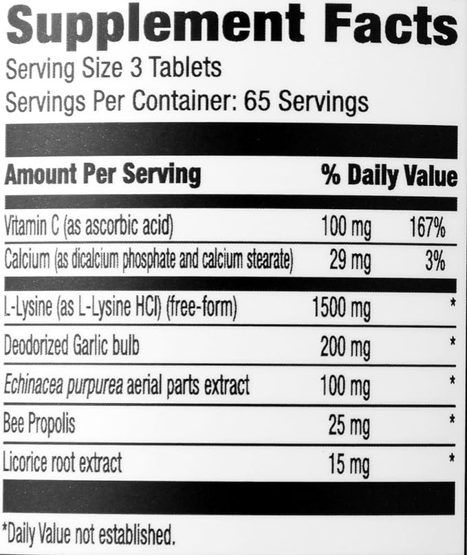 Amazon Elements Lysine Complex with Vitamin C for Immune Health Support, Vegetarian, 65 Servings, 195 Count (Packaging may vary)
