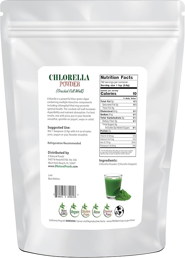 Z Natural Foods Chlorella Powder, Cracked Cell Wall Plant Protein, Blue Green Algae Superfood Powder, Perfect for Smoothies, Drinks, Recipes, Raw, Non GMO, Gluten Free, Vegan, 5 lbs