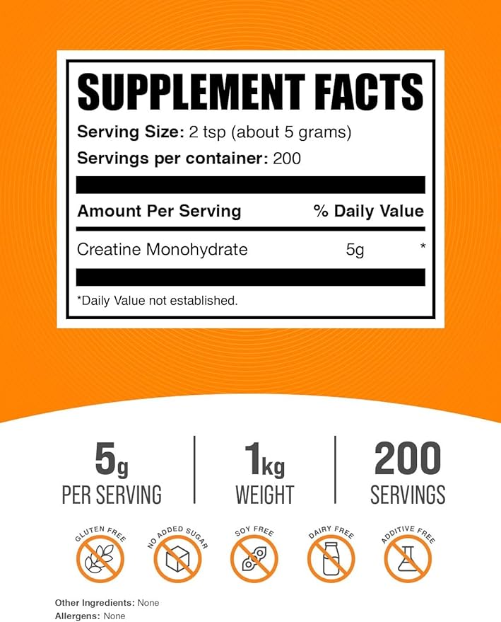 BulkSupplements.com Creatine Monohydrate Powder - Creatine Supplement, Micronized Creatine 1kg, Creatine Powder - Unflavored & Gluten Free, 5g (5000mg) per Servings, 1kg (2.2 lbs) (Pack of 1)