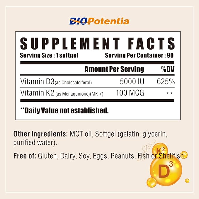 Vitamin D3 K2 with MCT Oil Supplement, Vitamin D3 5000 IU & K2 (MK7), Supports Immune, Bone & Teeth Health - Gluten Free Non-GMO - 90 Softgels