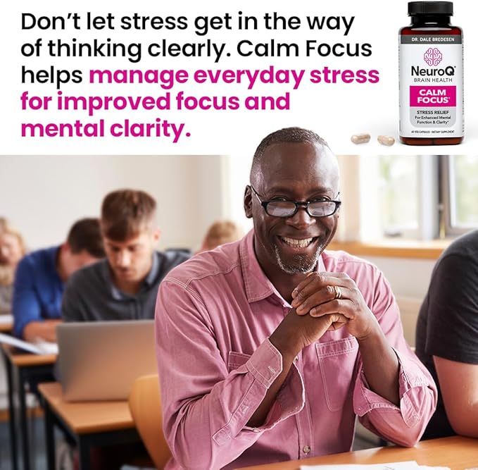 NeuroQ Calm Focus Capsules - Stress Relief Supplement - Supports Mental Function & Relaxation - Sensoril Ashwagandha, Magnesium, GABA, L-Theanine, Andean Cocoa & Kava Kava - 60 Capsules