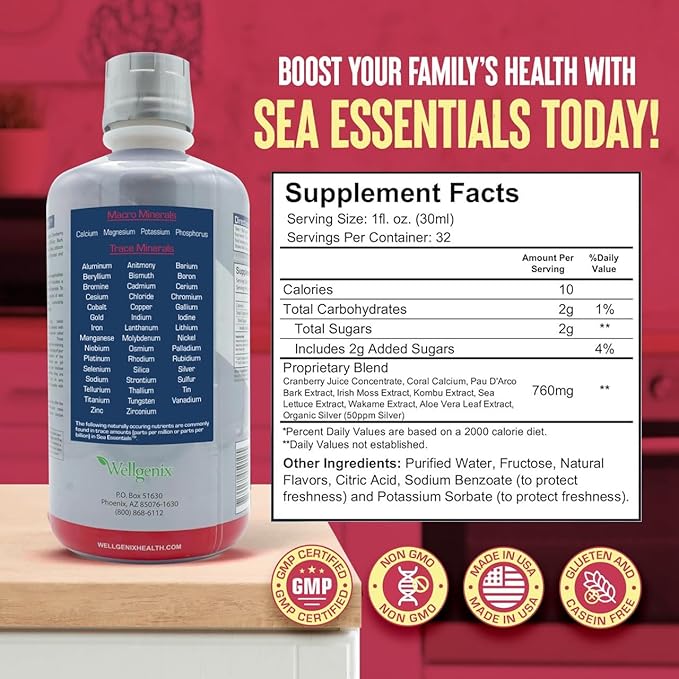 Wellgenix Sea Essentials Coral Calcium Liquid Vitamin for High Absorption - Nutritional Multivitamin Supplement - Sea Berry Flavor (6)