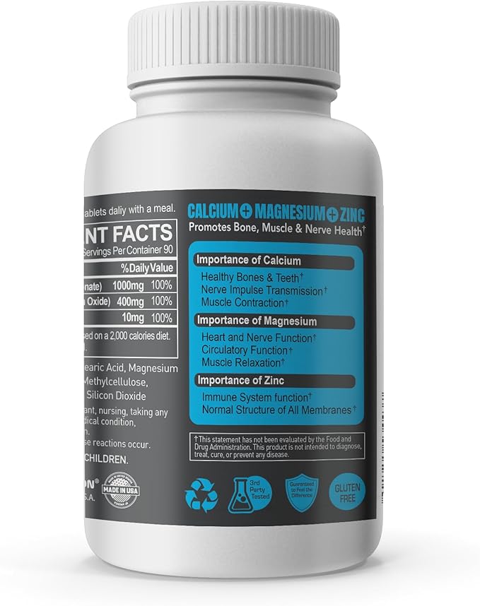 Calcium Magnesium Zinc Supplement - 3-in-1 Complex with 1000mg Calcium, 500mg Magnesium, 10mg Zinc - Bone, Muscle & Immune Support - 270 Tablets, 90 Day Supply