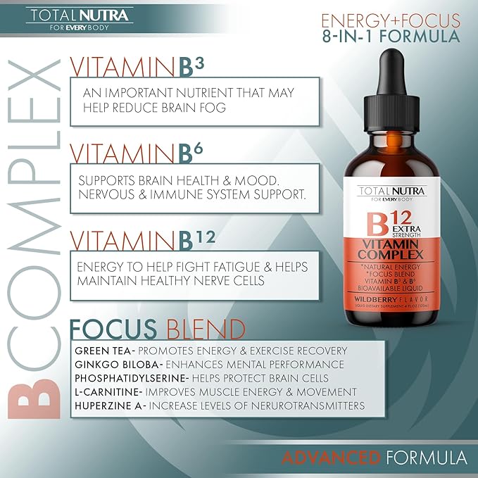 Extra Strength Liquid B12 Vitamin Drops- Vitamins B12, B6, B3- Vegan and Non GMO- Instant Energy, Focus & Metabolism Support with Green Tea, Carnitine & Ginkgo Biloba- Alternative to B Complex Capsule