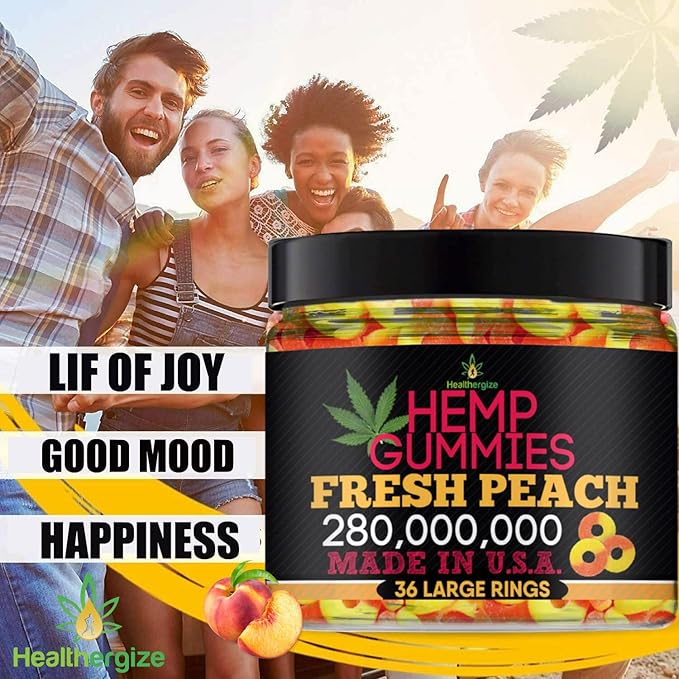 Hemp Gummies for Peace and Relaxation-High Potency Hemp Oil Gummys Peach-Fresh Full Flavor-Natural Hemp Edibles-for Back, Knees, Calm, Sleep, Discomfort-36 Large Rings-Made in USA
