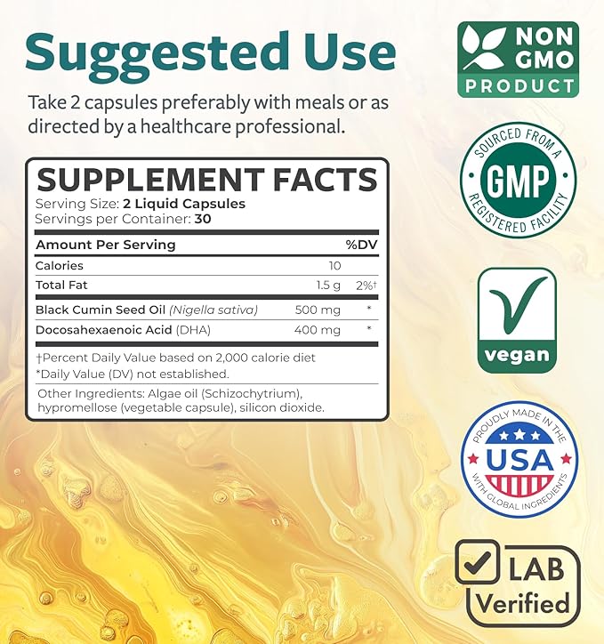 Black Seed Oil & Omega 3 Supplement with DHA - 900mg - 60 Liquid Capsules (Non-GMO & Vegan) - Natural Support for Cognitive Clarity, Focus & Vision Support