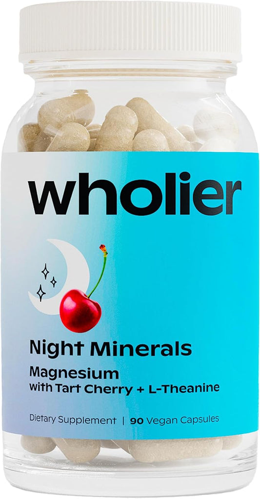 wholier Magnesium Glycinate, L-Theanine, Tart Cherry Juice. Natural Support for Sleep, Stress + Relaxation. Melatonin-Free. Night Minerals. (90 Vegan Capsules) Glass Bottle