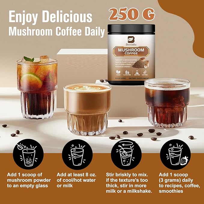 250g Mushroom Coffee - Lions Mane Mushroom Powder Instant Coffee with Lion's Mane, Reishi, Chaga, Cordyceps, Turkey Tail, Arabica - Mushroom Coffee Blend Support Gut, Focus, Brain Health
