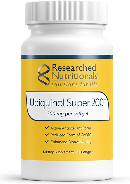 Researched Nutritionals Ubiquinol Super 200 - Enhanced Absorption CoQ10 200mg Softgels - Antioxidants Supplement to Support Heart Health, Energy & Healthy Aging (30 Count)