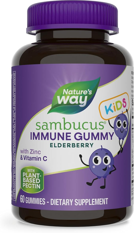 Nature's Way Sambucus Elderberry Immune Gummies for Kids, Immune Support Gummies*, with Black Elderberry Extract, Vitamin C and Zinc, 60 Gummies (Packaging May Vary)