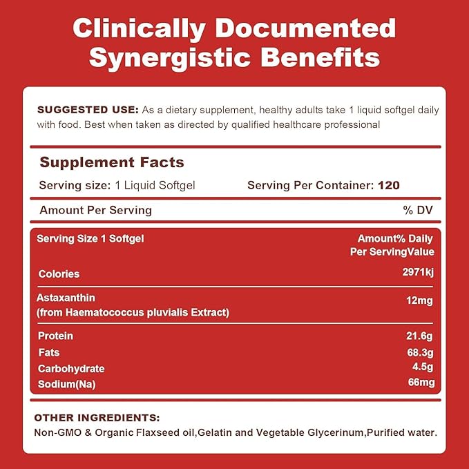 Premium Astaxanthin 12mg Softgels- 120 Servings, Supports Immune, Skin, Eye & Joint Health-Non-GMO, Gluten-Free, Microalgae Extract Supplement