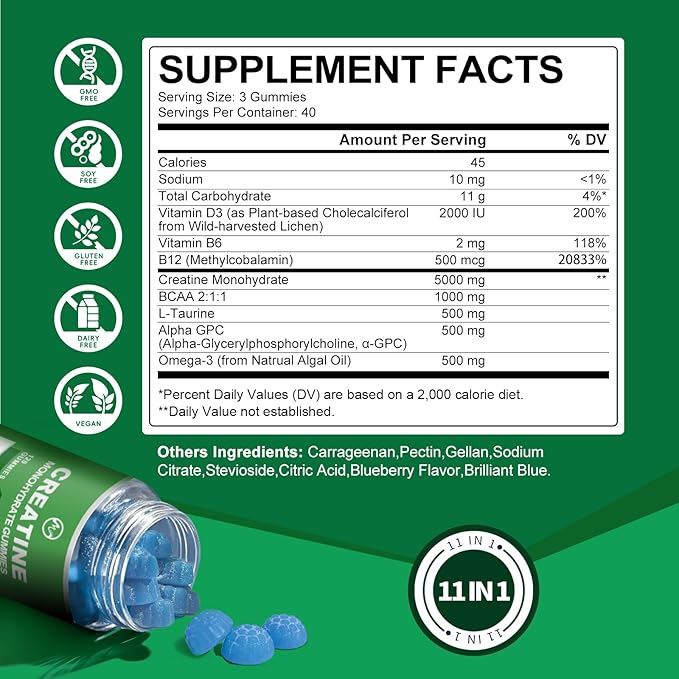 Creatine Monohydrate Gummies - 5000mg Creatine Monohydrate for Men & Women, with BCAA, L-Taurine, Alpha GPC and Omega-3, Increase Strength and Build Muscle, Blueberry Flavor, 120 Gummies
