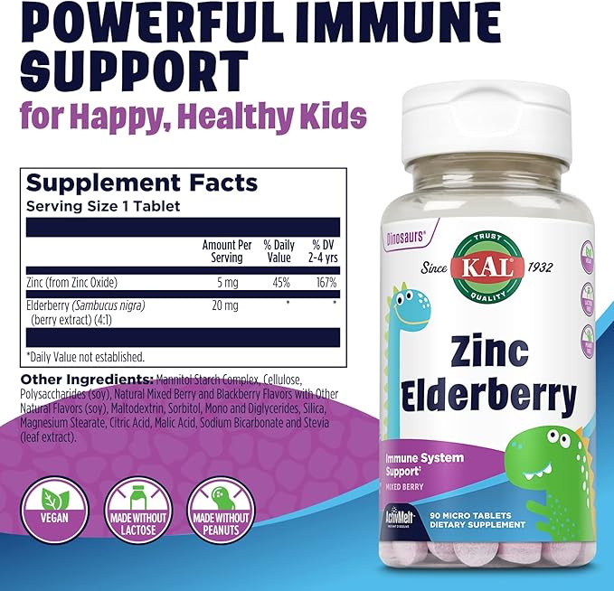 KAL Kids Zinc Elderberry Dinosaurs, Immune Support Supplement* for Children w/ Sambucus Elderberry, Fast Dissolving Mixed Berry ActivMelts, Fun, Tasty Dino Shapes, Vegan, 90 Servings, 90 Micro Tablets