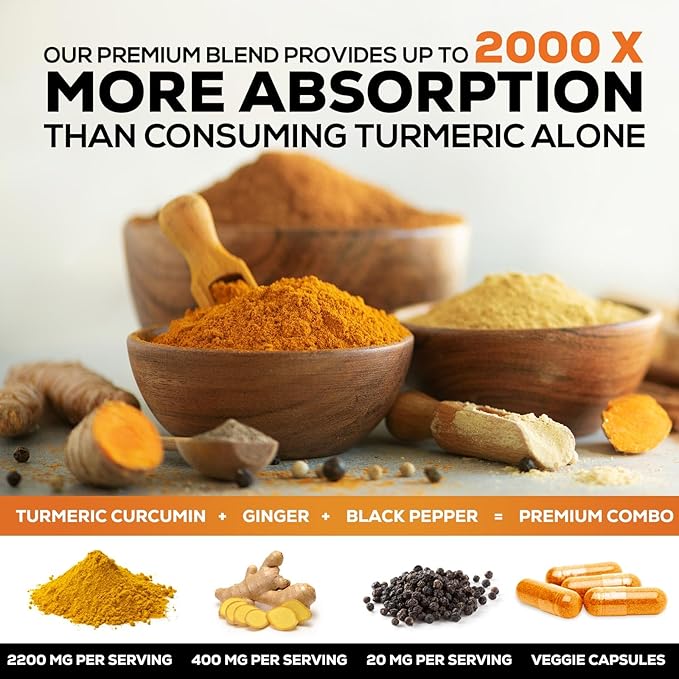Turmeric Supplement Curcumin 2600mg - with Organic Ginger & Turmeric, BioPerine Black Pepper Extract 95% Curcuminoids - Advanced Absorption Antioxidant & Joint Support - Vegan - 120 Capsules