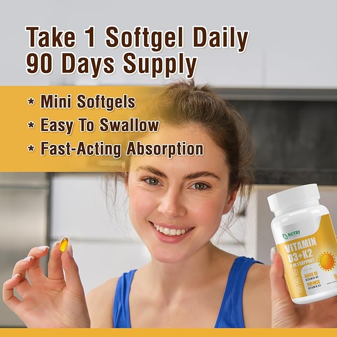 Vitamin D3 K2 Supplement with MCT Oil, Vitamin D3 5000 IU and K2 100 mcg Softgel, Bone and Heart Health Support Supplement, Gluten Free - 90 Count Softgels