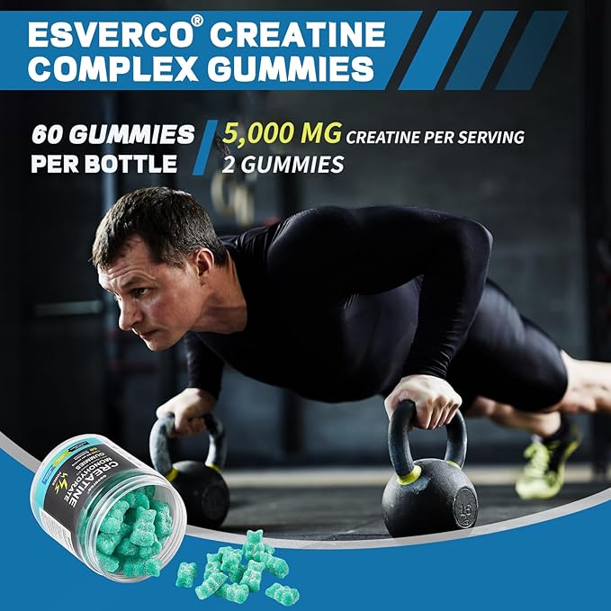 Creatine Monohydrate Gummies 5g, Muscle Growth, Creatine Gummy Supplements, L-Taurine Vitamin B12, Gain Energy, Workout Supplement, Sugar Free, Non-Sticky, Vegan for Men & Women Blueberry 60 Count