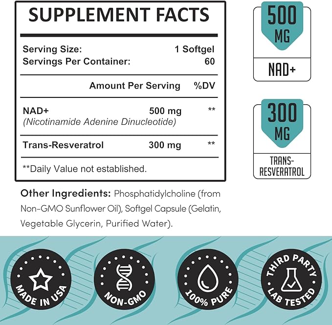 Liposomal NAD+ 800 mg with Trans-Resveratrol 300 mg, Max Absorption, Actual NAD+ Boosting Supplement for Healthy Aging, Cellular Energy, DNA Repair, Longevity - 60 Softgels